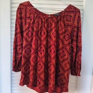 Lucky Brand Women's Red Boho Tribal Print Key Hole Back Blouse Size Med Viscose